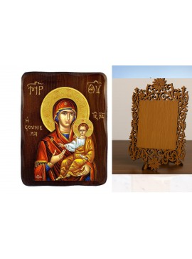 Εικόνα Ορθοδοξίας Δαντέλα μαζι με  Βάση σε  8 χρώματα με περίγραμμα χρυσό σε ξύλο Plywood (Πλακάζ)   με  βάση Εικόνα Παναγίας Σουμελά, Χειροποίητη ελληνική εικόνα της Παναγίας Σουμελά, επιτοίχια πλάκα βυζαντινής τέχνης, θρησκευτικό δώρο, χριστιανική διακό