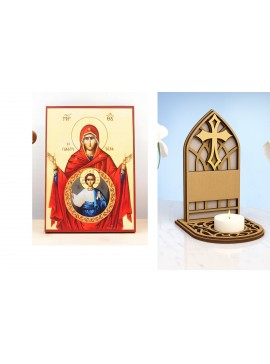 Εικόνα Ορθοδοξίας Καντηλάκι σε  8 χρώματα με περίγραμμα χρυσό σε ξύλο Plywood (Πλακάζ)   με  βάση Παναγία με τον Ιησού Πιο ευρύχωρο κι από τους ουρανούς «Πλατυτέρα», Ξύλινη Χειροποίητη Εικόνα Ελληνικής Βυζαντινής Στυλ Κρεμαστή σε τοίχο Χειροποίητη Ελληνορ