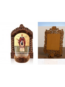 Εικόνα Ορθοδοξίας Δαντέλα μαζι με  Βάση σε  8 χρώματα με περίγραμμα χρυσό σε ξύλο Plywood (Πλακάζ)   με  βάση Φωτιστικό Αγρυπνού Αγίου Θεοφίλου, Επιτραπέζια εικόνα του Αγίου Θεοφίλου Ελληνικής κατασκευής, Χειροποίητο Κεραμικό Φωτιστικό με Γυάλινο Κύπελλο 