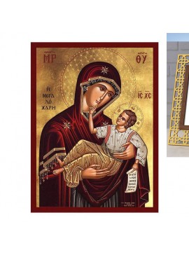 Σετ 2 τεμαχίων – Εικόνα Ορθοδοξίας Πολυτελείας  με  σχεδιο Σταυρούς μαζι με  Βάση σε  8 χρώματα με περίγραμμα χρυσό σε ξύλο Plywood (Πλακάζ)   με  βάση Εικόνα της Παναγίας της Μεγάλης Χάριτος, Χειροποίητη Βυζαντινή εικόνα της Παναγίας της Μεγαλόχαρης, Κρε