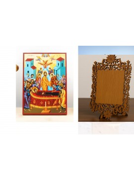 Εικόνα Ορθοδοξίας Δαντέλα μαζι με  Βάση σε  8 χρώματα με περίγραμμα χρυσό σε ξύλο Plywood (Πλακάζ)   με  βάση Η Κοίμηση της Θεοτόκου με τον Ιησού, Ξύλινη Χειροποίητη Εικόνα Ελληνικού Premium Βυζαντινού Στυλ Κρεμασμένο σε ξύλινη πλάκα Θρησκευτικό θέμα Χειρ