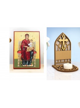Σετ 2 τεμαχίων – Εικόνα Ορθοδοξίας Καντηλάκι σε  8 χρώματα με περίγραμμα χρυσό σε ξύλο Plywood (Πλακάζ)   με  βάση Παναγία Ένθρονη με τον Ιησού, Ξύλινη Χειροποίητη Εικόνα Ελληνικού Βυζαντινού Στυλ τοίχου Κρεμασμένη σε ξύλινη πλάκα Θρησκευτικό θέμα Χειροπο