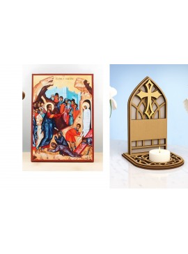 Εικόνα Ορθοδοξίας Καντηλάκι σε  8 χρώματα με περίγραμμα χρυσό σε ξύλο Plywood (Πλακάζ)   με  βάση Ο Ιησούς Χριστός Ανάσταση του Λαζάρου, Ξύλινη Χειροποίητη Εικόνα Ελληνικής Premium Βυζαντινού Στυλ τοίχου Κρεμασμένη σε ξύλινη πλάκα Ορθόδοξο θρησκευτικό θέμ