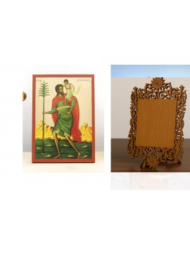 Εικόνα Ορθοδοξίας Δαντέλα μαζι με  Βάση σε  8 χρώματα με περίγραμμα χρυσό σε ξύλο Plywood (Πλακάζ)   με  βάση Άγιος Χριστόφορος με τον Ιησού Χριστό, Ξύλινη Χειροποίητη Εικόνα με Χρυσό Φύλλο Ελληνικό Premium Βυζαντινού Στυλ Κρεμαστό τοίχου Θρησκευτικό Θέμα