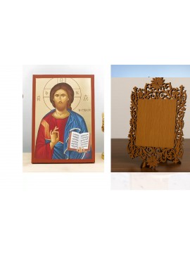 Εικόνα Ορθοδοξίας Δαντέλα μαζι με  Βάση σε  8 χρώματα με περίγραμμα χρυσό σε ξύλο Plywood (Πλακάζ)   με  βάση Ο Ιησούς Χριστός Ευλογεί «το Γλυκό», Ξύλινη Χειροποίητη Εικόνα με Ψηφιακή Εκτύπωση Ελληνικό Premium Βυζαντινού Στυλ τοίχου Κρεμασμένο σε ξύλινη π