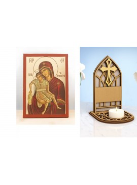Σετ 2 τεμαχίων – Εικόνα Ορθοδοξίας Καντηλάκι σε  8 χρώματα με περίγραμμα χρυσό σε ξύλο Plywood (Πλακάζ)   με  βάση Παναγία Άξιον Εστί με τον Ιησού, Ξύλινη Χειροποίητη Εικόνα με Ψηφιακή Εκτύπωση Ελληνικό Premium Βυζαντινού Στυλ Κρεμαστό τοίχου Θρησκευτικό 