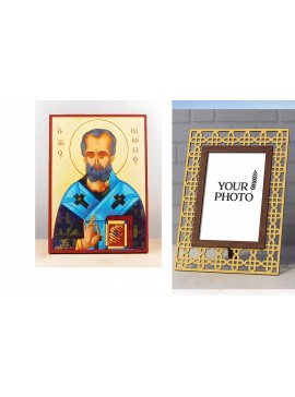 Εικόνα Ορθοδοξίας Πολυτελείας  με  σχεδιο Σταυρούς μαζι με  Βάση σε  8 χρώματα με περίγραμμα χρυσό σε ξύλο Plywood (Πλακάζ)   με  βάση Άγιος Νικόλαος των Μύρων, Ξύλινη Χειροποίητη Εικόνα Ελληνικού Premium Βυζαντινού Στυλ τοίχου Κρεμασμένη σε ξύλινη πλάκα 