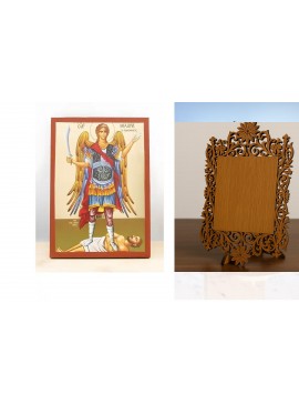 Σετ 2 τεμαχίων – Εικόνα Ορθοδοξίας Δαντέλα μαζι με  Βάση σε  8 χρώματα με περίγραμμα χρυσό σε ξύλο Plywood (Πλακάζ)   με  βάση Αρχάγγελος Μιχαήλ Πανορμίτης του Syme Fullbody, Ξύλινη Χειροποίητη Εικόνα με χρυσό φύλλο Ελληνικής Βυζαντινής τεχνοτροπίας Κρεμα