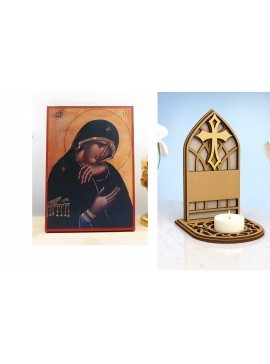 Εικόνα Ορθοδοξίας Καντηλάκι σε  8 χρώματα με περίγραμμα χρυσό σε ξύλο Plywood (Πλακάζ)   με  βάση Η Παναγία στο Θρήνο, Ξύλινη Χειροποίητη Εικόνα Ελληνικού Premium Βυζαντινού Στυλ Κρεμασμένο σε ξύλινη πλάκα Θρησκευτικό θέμα Χειροποίητη Ελληνορθόδοξη εικόνα
