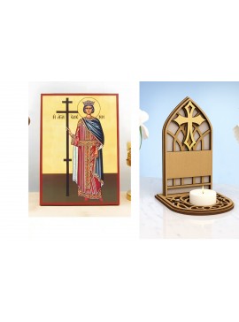 Σετ 2 τεμαχίων – Εικόνα Ορθοδοξίας Καντηλάκι σε  8 χρώματα με περίγραμμα χρυσό σε ξύλο Plywood (Πλακάζ)   με  βάση Αγία «Ελένη» Ελένη η ορθόδοξη αυτοκράτειρα, Ξύλινη Χειροποίητη Εικόνα Ελληνικής Premium Βυζαντινής τεχνοτροπίας Κρεμασμένη σε ξύλινη πλάκα Χ