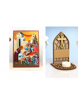 Εικόνα Ορθοδοξίας Καντηλάκι σε  8 χρώματα με περίγραμμα χρυσό σε ξύλο Plywood (Πλακάζ)   με  βάση The Washbowl, Ιησούς Χριστός που πλένει τα πόδια των Αποστόλων, Ξύλινη Χειροποίητη Εικόνα Ελληνικού Premium Βυζαντινού Στυλ τοίχου Κρεμασμένη σε ξύλινη πλάκα