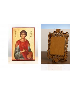 Εικόνα Ορθοδοξίας Δαντέλα μαζι με  Βάση σε  8 χρώματα με περίγραμμα χρυσό σε ξύλο Plywood (Πλακάζ)   με  βάση Άγιος Παντελεήμονας ο Μεγαλομάρτυς, Ξύλινη Χειροποίητη Εικόνα Ελληνικού Βυζαντινού Στυλ Κρεμαστή σε ξύλινη πλάκα Χειροποίητη Ελληνορθόδοξη εικόνα