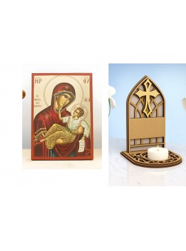 Εικόνα Ορθοδοξίας Καντηλάκι σε  8 χρώματα με περίγραμμα χρυσό σε ξύλο Plywood (Πλακάζ)   με  βάση Παναγία της Μεγάλης Χάριτος "Μεγαλόχαρη" με τον Ιησού, Ξύλινη Χειροποίητη Εικόνα με Αλουμινόχαρτο Ελληνικό Premium Βυζαντινό Στυλ Κρεμαστό Θρησκευτικό Χειροπ