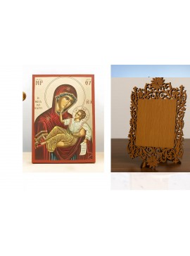 Εικόνα Ορθοδοξίας Δαντέλα μαζι με  Βάση σε  8 χρώματα με περίγραμμα χρυσό σε ξύλο Plywood (Πλακάζ)   με  βάση Παναγία της Μεγάλης Χάριτος "Μεγαλόχαρη" με τον Ιησού, Ξύλινη Χειροποίητη Εικόνα με Αλουμινόχαρτο Ελληνικό Premium Βυζαντινό Στυλ Κρεμαστό Θρησκε