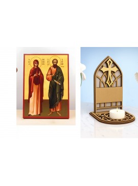 Εικόνα Ορθοδοξίας Καντηλάκι σε  8 χρώματα με περίγραμμα χρυσό σε ξύλο Plywood (Πλακάζ)   με  βάση Saints Priscilla and Aquila, Ξύλινη Χειροποίητη Εικόνα Ελληνικού Premium Βυζαντινού Στυλ Κρεμασμένη σε ξύλινη πλάκα Χειροποίητη Ελληνορθόδοξη εικόνα του Ιησο