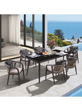 WOODWELL Ε6742,S2JARDIN Τραπεζαρία ALU Ανθρακί, HPL Μαύρο, Rope Μπεζ: Τραπέζι + 8 Πολυθρόνες με Μαξιλάρια Table:220x100x75 Chair63x62x77 Ε6742,S2
