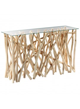 ΚΟΝΣΟΛΑ ΣΕ ΡΟΥΣΤΙΚ ΣΤΥΛ ΜΑΣΙΦ ΞΥΛΟ ΤEAK & ΓΥΑΛΙ ΦΥΣΙΚΟ 120X35X75Yεκ.HM9373