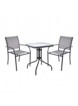 WOODWELL Ε2422,1SLANGLEY Set Κήπου: Τραπέζι + 2 Πολυθρόνες Στοιβαζόμενες Μέταλλο Ανθρακί,Textilene Γκρι Table:60x60x70 Chair:55x68x87 Ε2422,1S