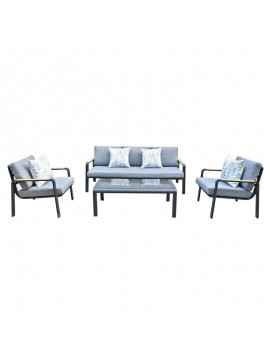 WOODWELL LATINO Set Σαλόνι Κήπου 4τεμ, Αλουμίνιο Μαύρο, Μαξιλάρια Γκρι, Γυαλί Μαύρο 2 Πολυθρ+1 Καναπ+1 Τραπεζάκι Ε6872,1