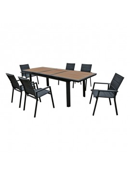 WOODWELL NAPOLI Set Dining ALU Κήπου: 6 Πολυθρόνες + Τραπέζι Επεκτ/νο Μαύρο-Καρυδί-Textilene Ανθρακί  Tab:186+60x95x77Chair:59x62x90 Ε6729,1S