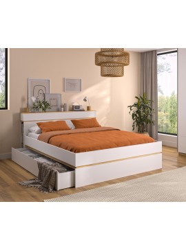 Insi  Nestor κρεβάτι διπλό με δυο συρτάρια και ράφια στο κεφαλάρι 225x169x90εκ. ( για στρώμα 160x200εκ. ) Λευκό / Helvezia Oak   0041.GM28 