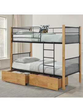 WOODWELL Ε8039NET Κρεβάτι Κουκέτα με 2 Συρτάρια 94x47x30cm, Μέταλλο Βαφή Μαύρο-Ξύλο Φυσικό 95x200x158(Στρώμα 90x190)cm Ε8039