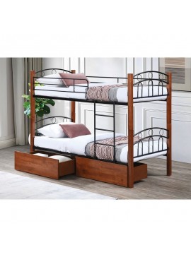 WOODWELL NORTON Κρεβάτι Κουκέτα με 2 Συρτάρια 94x47x30cm, Μέταλλο Βαφή Μαύρο-Ξύλο Καρυδί  97x201x160cm (Στρώμα 90x190cm) Ε80710