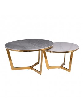 WOODWELL OTTO Set 2 Τραπεζάκια Σαλονιού , Χρώμιο Χρυσό, Sintered Stone Grey-White Marble Φ.80 H.45cm + Φ.60 H.38cm ΕΜ527,S