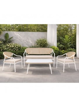 WOODWELL PALERMO Set Καθιστικό Κήπου Μεταλλικό Άσπρο,Wicker Φυσικό: Τραπέζι+2 Θέσιος+2 Πολυθρόνες  88x48x40-124x63x78-60x63x78cm Ε257,1