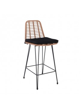 WOODWELL Ε252,11SALSA Σκαμπό BAR-Pro με Πλάτη, Μέταλλο Βαφή Μαύρο - Wicker Φυσικό, με Μαξιλάρι Μαύρο 45x55x75/113cm Ε252,11