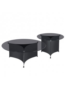 WOODWELL ΕΜ730VENET Set 2 Τραπεζάκια Σαλονιού - Καθιστικού, Μέταλλο Μαύρο, Γυαλί Clear Black Φ90x32cm + Φ60x40cm ΕΜ730