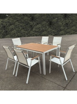 WOODWELL VIRNA Set Τραπεζαρία: Τραπέζι + 6 Πολυθρόνες, Μέταλλο Βαφή Άσπρο, Polywood Φυσικό Table:150x90x73 Chair:56x63x90 Ε6797,2S