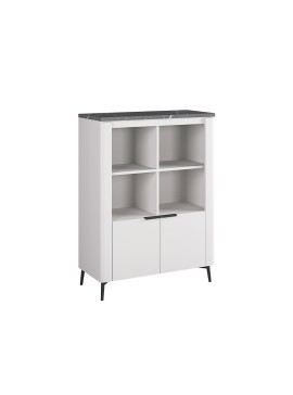 MATIS Βιτρίνα χαμηλή με 2 πόρτες ASTANA με φωτισμό led λευκό γυαλιστερό/ μαύρο μάρμαρο 91x40x125 MATIS860414