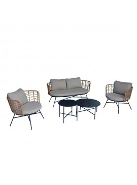 Artekko Rattan Διθέσιος Καναπές (155x75x73)cm 2x Πολυθρόνες (80x75x73)cm 2x Τραπεζάκια (70x70x35) (50x50x45)cm Μεταλλικός Γκρι Σκελετός με Παστικ. Ρατάν σε Φυσική Απόχρωση και Μπεζ Γκρι Μαξιλάρια Σετ/4 Artekko 248-6000