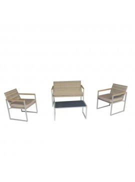 Artekko Rattan Διθέσιος Καναπές (115x60x80)cm 2x Πολυθρόνες (60x60x75)cm και Τραπέζι με Μαύρο Τζάμι (85x46x40)cm Γκρι Ανοιχτό Μεταλλικό Σκελετό με Ξύλο Πλαστικ Ρατάν και Μπεζ Μαξιλάρια Σετ/4 Artekko 248-6001