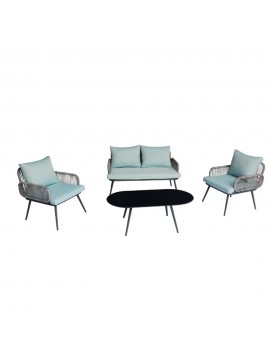Artekko Rattan Διθέσιος Καναπές (120x70x75)cm 2x Πολυθρόνες (60x75x75)cm Τραπέζι με Τζάμι (110x55x40)cm με Πλαστικ Κορδόνι Μεταλλικό Σκελετό Γκρι και Γαλάζιο Μαξιλάρι Σετ/4 Artekko 248-6003