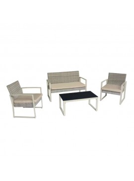Artekko Rattan Διθέσιος Καναπές (105x65x75)cm 2x Πολυθρόνες (58x60x75)cm Τραπέζι με Τζάμι (84x45x38)cm με Πλαστικ Ρατάν Μεταλλικό Σκελετό και Ξύλο Γκρι Καφέ και Καφέ Μαξιλάρι Σετ/4 Artekko 248-6005