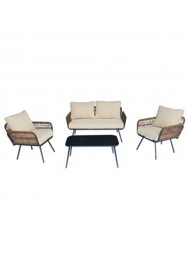 Artekko Rattan Καναπές (140x75x75)cm 2x Πολυθρόνες (66x75x75)cm Τραπέζι με Τζάμι (91x51x40)cm με Πλαστικ Κορδόνι Μεταλλικό  Μαύρο Σκελετό και Μπεζ Μαξιλάρι Σετ/4 Artekko 248-6006