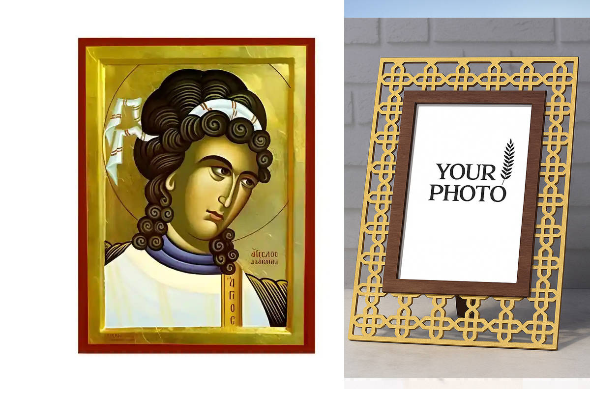 Εικόνα Ορθοδοξίας Πολυτελείας  με  σχεδιο Σταυρούς μαζι με  Βάση σε  8 χρώματα με περίγραμμα χρυσό σε ξύλο Plywood (Πλακάζ)   με  βάση Εικόνα Άγγελος Διάκονος Χειροποίητη Ελληνορθόδοξη , Κρεμαστή πλάκα βυζαντινής τέχνης, χριστιανική τέχνη Διάσταση 10x7 cm