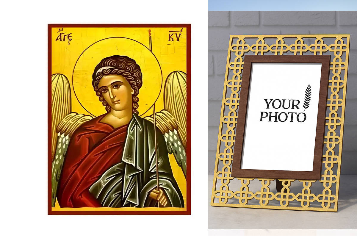 Εικόνα Ορθοδοξίας Πολυτελείας  με  σχεδιο Σταυρούς μαζι με  Βάση σε  8 χρώματα με περίγραμμα χρυσό σε ξύλο Plywood (Πλακάζ)   με  βάση Εικόνα Άγγελος Κυρίου Χειροποίητη Ελληνορθόδοξη , Κρεμαστή πλάκα βυζαντινής τέχνης, χριστιανική τέχνη Διάσταση 10x7 cm (