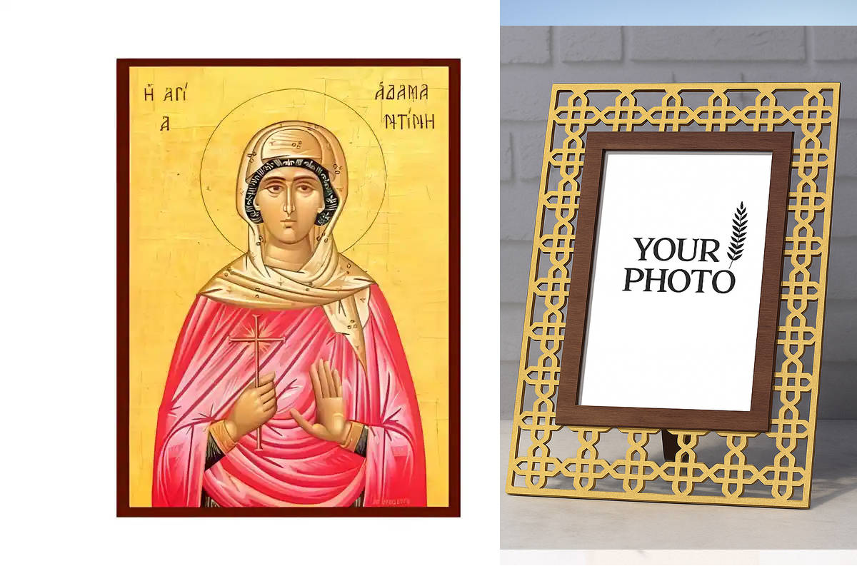 Εικόνα Ορθοδοξίας Πολυτελείας  με  σχεδιο Σταυρούς μαζι με  Βάση σε  8 χρώματα με περίγραμμα χρυσό σε ξύλο Plywood (Πλακάζ)   με  βάση Εικόνα Αγία Αδαμαντίνη Χειροποίητη Ελληνορθόδοξη , Κρεμαστή πλάκα βυζαντινής τέχνης, χριστιανική τέχνη Διάσταση 10x7 cm