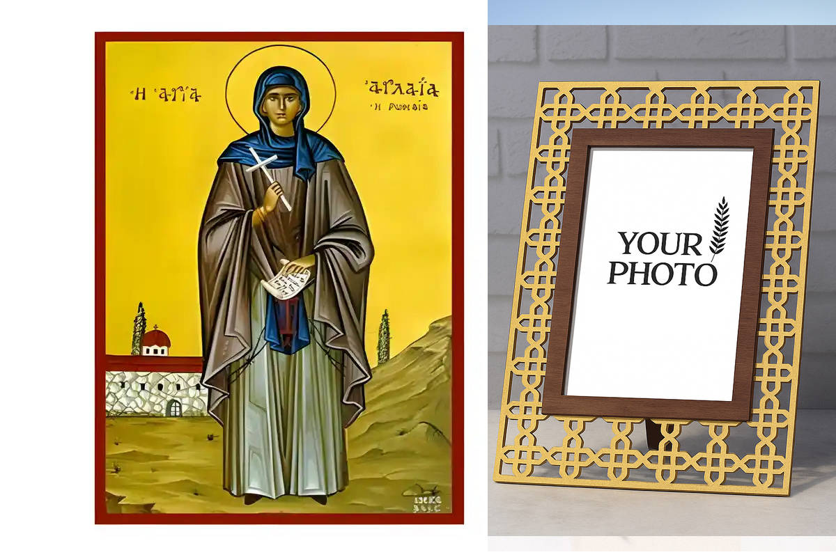 Εικόνα Ορθοδοξίας Πολυτελείας  με  σχεδιο Σταυρούς μαζι με  Βάση σε  8 χρώματα με περίγραμμα χρυσό σε ξύλο Plywood (Πλακάζ)   με  βάση Εικόνα Αγία Αγλαϊα Χειροποίητη Ελληνορθόδοξη , Κρεμαστή πλάκα βυζαντινής τέχνης, χριστιανική τέχνη Διάσταση 10x7 cm (3,9