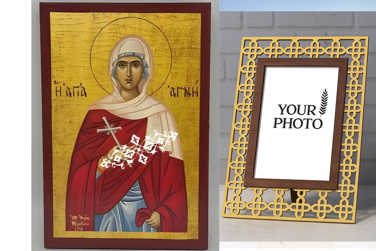 Εικόνα Ορθοδοξίας Πολυτελείας  με  σχεδιο Σταυρούς μαζι με  Βάση σε  8 χρώματα με περίγραμμα χρυσό σε ξύλο Plywood (Πλακάζ)   με  βάση Εικόνα Αγία Αγνή Χειροποίητη Ελληνορθόδοξη , Κρεμαστή πλάκα βυζαντινής τέχνης, χριστιανική τέχνη Διάσταση 10x7 cm (3,9 x