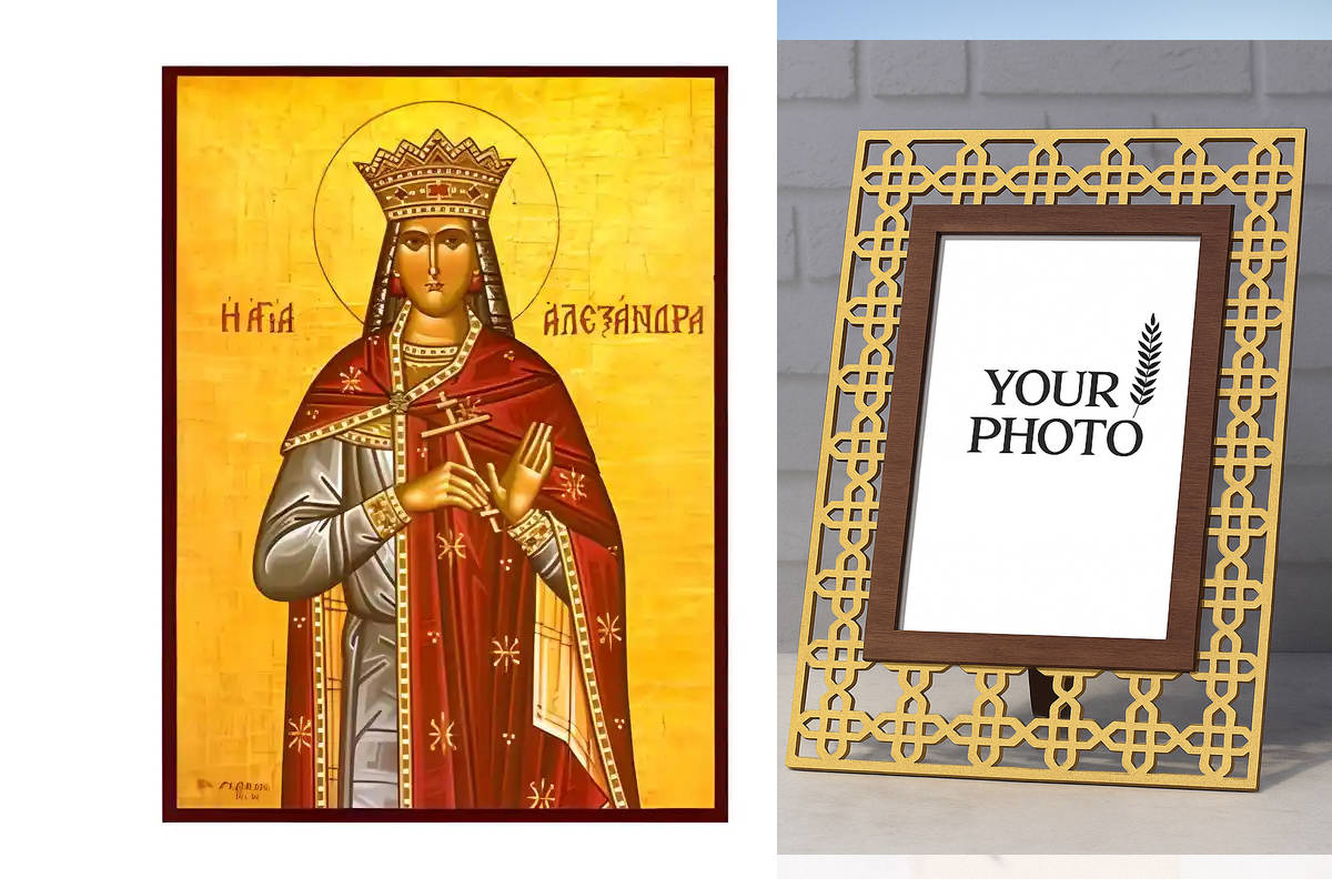 Εικόνα Ορθοδοξίας Πολυτελείας  με  σχεδιο Σταυρούς μαζι με  Βάση σε  8 χρώματα με περίγραμμα χρυσό σε ξύλο Plywood (Πλακάζ)   με  βάση Εικόνα Αγία Αλεξάνδρα Χειροποίητη Ελληνορθόδοξη , Κρεμαστή πλάκα βυζαντινής τέχνης, χριστιανική τέχνη Διάσταση 10x7 cm (