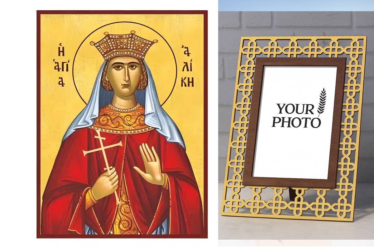 Εικόνα Ορθοδοξίας Πολυτελείας  με  σχεδιο Σταυρούς μαζι με  Βάση σε  8 χρώματα με περίγραμμα χρυσό σε ξύλο Plywood (Πλακάζ)   με  βάση Εικόνα Αγία Αλίκη Χειροποίητη Ελληνορθόδοξη , Κρεμαστή πλάκα βυζαντινής τέχνης, χριστιανική τέχνη Διάσταση 10x7 cm (3,9