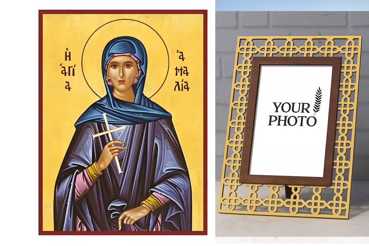 Εικόνα Ορθοδοξίας Πολυτελείας  με  σχεδιο Σταυρούς μαζι με  Βάση σε  8 χρώματα με περίγραμμα χρυσό σε ξύλο Plywood (Πλακάζ)   με  βάση Εικόνα Αγία Αμαλία Χειροποίητη Ελληνορθόδοξη , Κρεμαστή πλάκα βυζαντινής τέχνης, χριστιανική τέχνη Διάσταση 10x7 cm (3,9