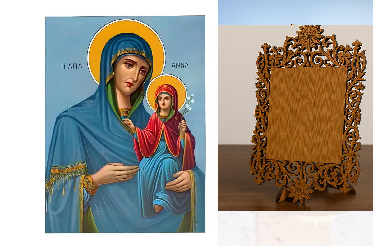 Σετ των 2 Εικόνα Ορθοδοξίας Δαντέλα μαζι με  Βάση σε  8 χρώματα με περίγραμμα χρυσό σε ξύλο Plywood (Πλακάζ)   με  βάση Εικόνα Αγία Άννα με Παναγία Χειροποίητη Ελληνορθόδοξη , Κρεμαστή πλάκα βυζαντινής τέχνης, χριστιανική τέχνη Διάσταση 10x7 cm (3,9 x 2,8