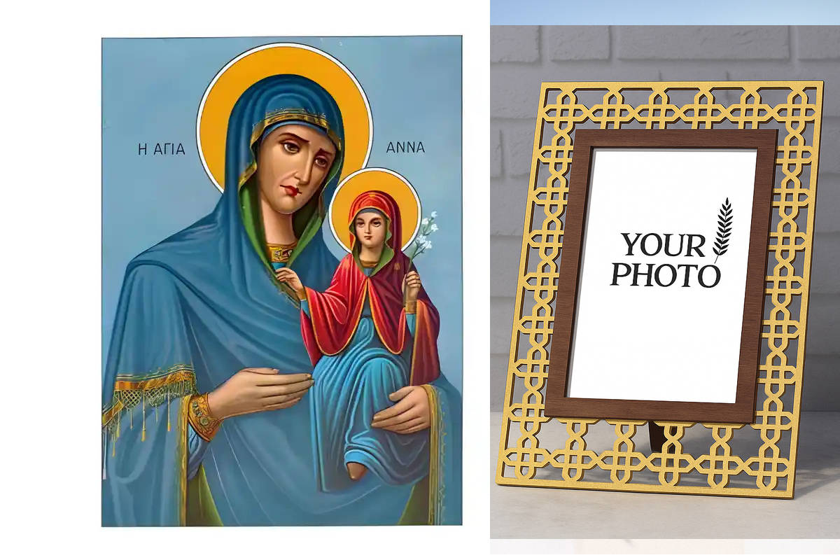 Εικόνα Ορθοδοξίας Πολυτελείας  με  σχεδιο Σταυρούς μαζι με  Βάση σε  8 χρώματα με περίγραμμα χρυσό σε ξύλο Plywood (Πλακάζ)   με  βάση Εικόνα Αγία Άννα με Παναγία Χειροποίητη Ελληνορθόδοξη , Κρεμαστή πλάκα βυζαντινής τέχνης, χριστιανική τέχνη Διάσταση 10x