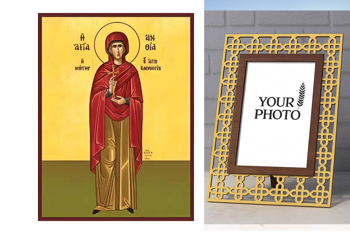 Εικόνα Ορθοδοξίας Πολυτελείας  με  σχεδιο Σταυρούς μαζι με  Βάση σε  8 χρώματα με περίγραμμα χρυσό σε ξύλο Plywood (Πλακάζ)   με  βάση Εικόνα Αγία Ανθία Χειροποίητη Ελληνορθόδοξη , Κρεμαστή πλάκα βυζαντινής τέχνης, χριστιανική τέχνη Διάσταση 10x7 cm (3,9