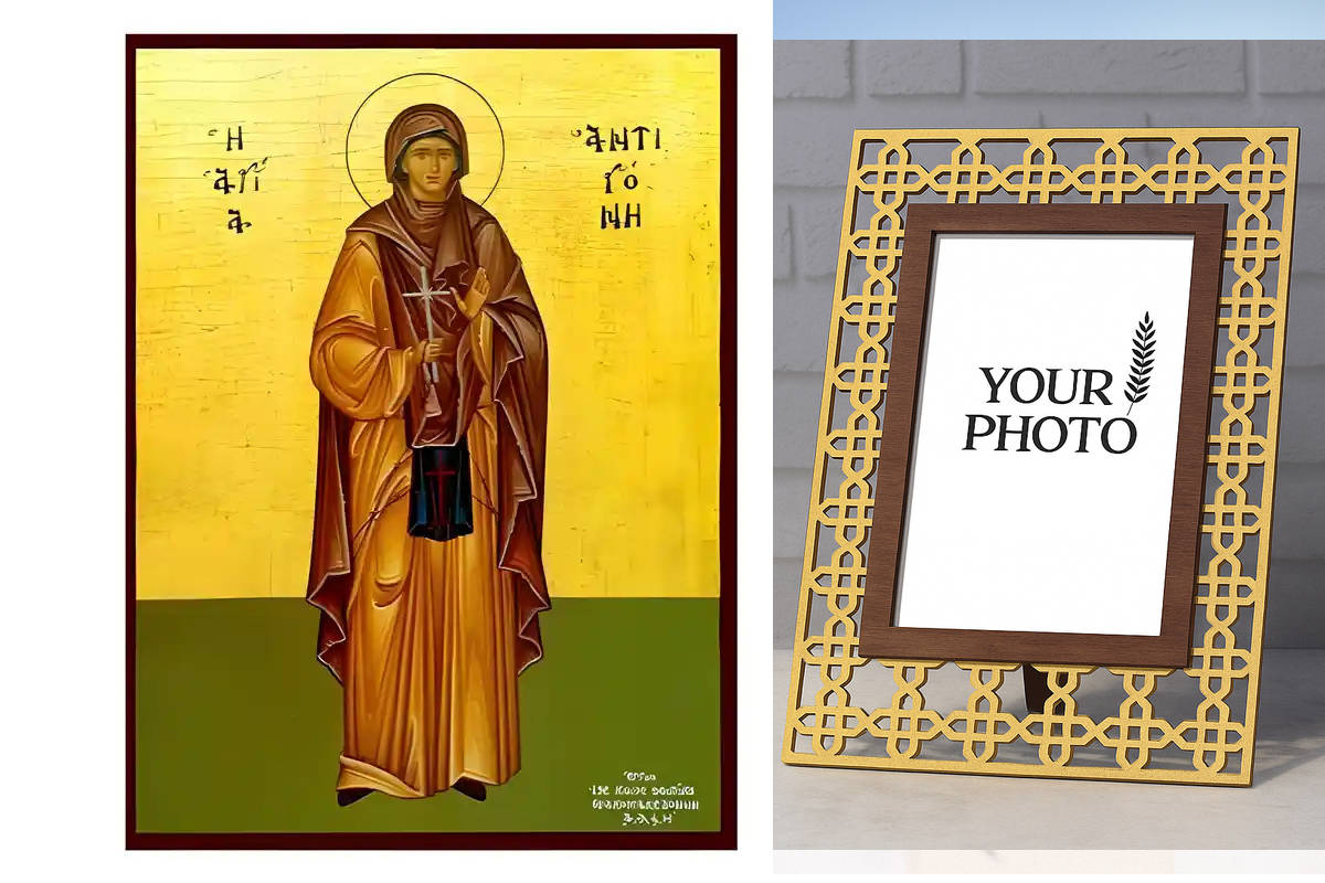 Εικόνα Ορθοδοξίας Πολυτελείας  με  σχεδιο Σταυρούς μαζι με  Βάση σε  8 χρώματα με περίγραμμα χρυσό σε ξύλο Plywood (Πλακάζ)   με  βάση Εικόνα Αγία Αντιγόνη Χειροποίητη Ελληνορθόδοξη , Κρεμαστή πλάκα βυζαντινής τέχνης, χριστιανική τέχνη Διάσταση 10x7 cm (3